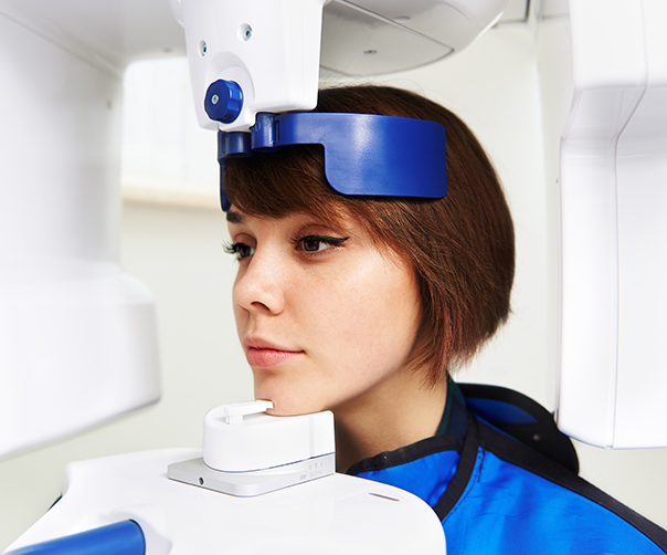 Woman receiving 3 D C T cone beam scan