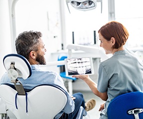 Dentist showing patient X-ray in emergency dental office in Tyler